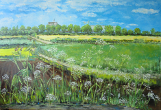 Zicht op Grave vanuit Nederasselt, olieverf 80x120cm.