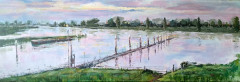 Zicht-vanaf-de-Thompson-Brug-Maas-bij-Grave-richting-Balgoy-Niftrik-olieverf-40x120-cm